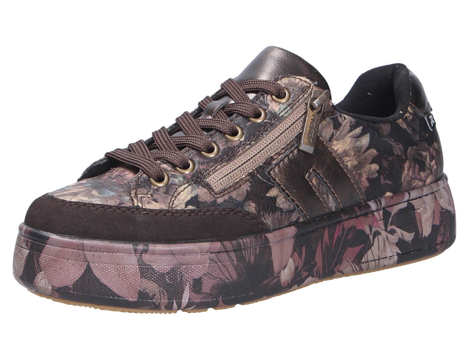 Rieker Damen Schnürschuhe in Braun mit floralem Allover-Muster, Schnürung, seitlichem Reißverschluss und markanter Plateausohle