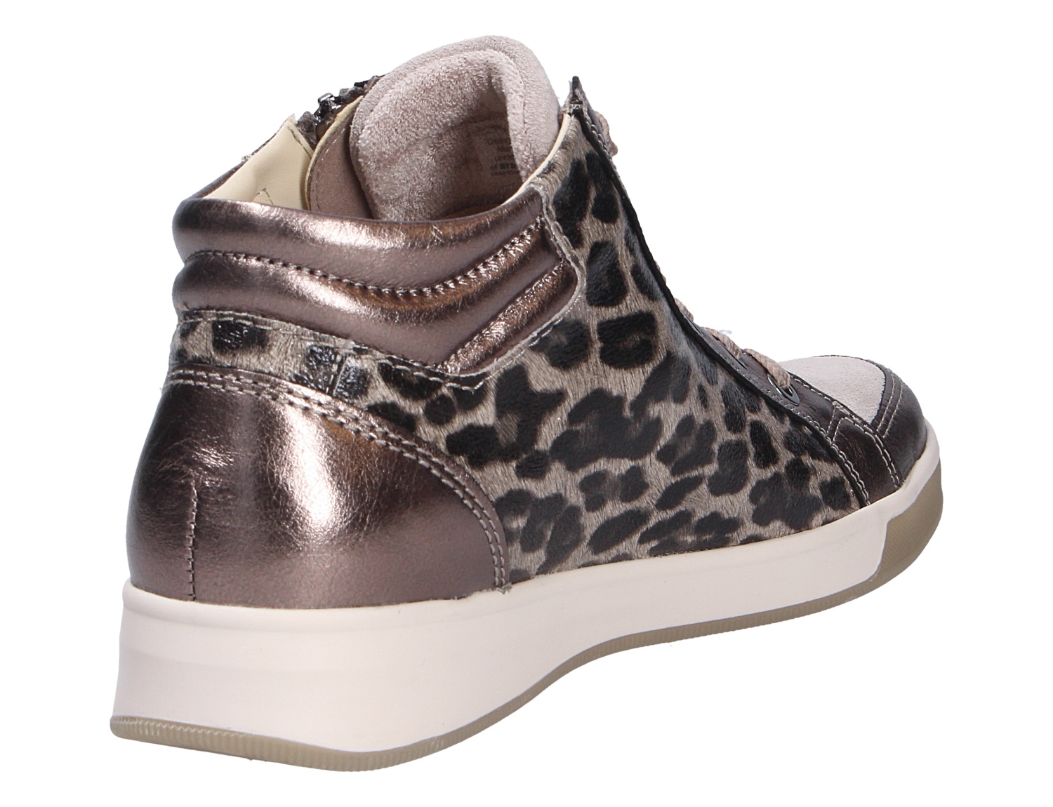 Ara ROM Damen-Sneaker in Metallic-Bronze mit Leopardenmuster, weiße Sohle, Rück- und Seitenansicht