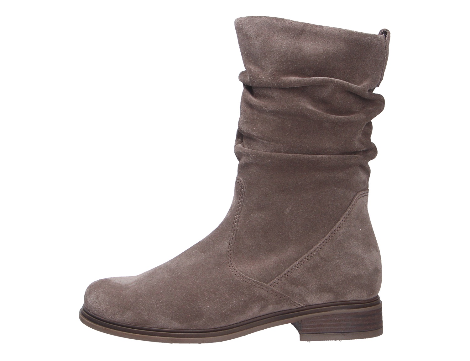 Gabor Damen Stiefel in Taupe aus Veloursleder, knöchelhoch bis wadenhoch, mit gerafftem Schaft und flachem Absatz