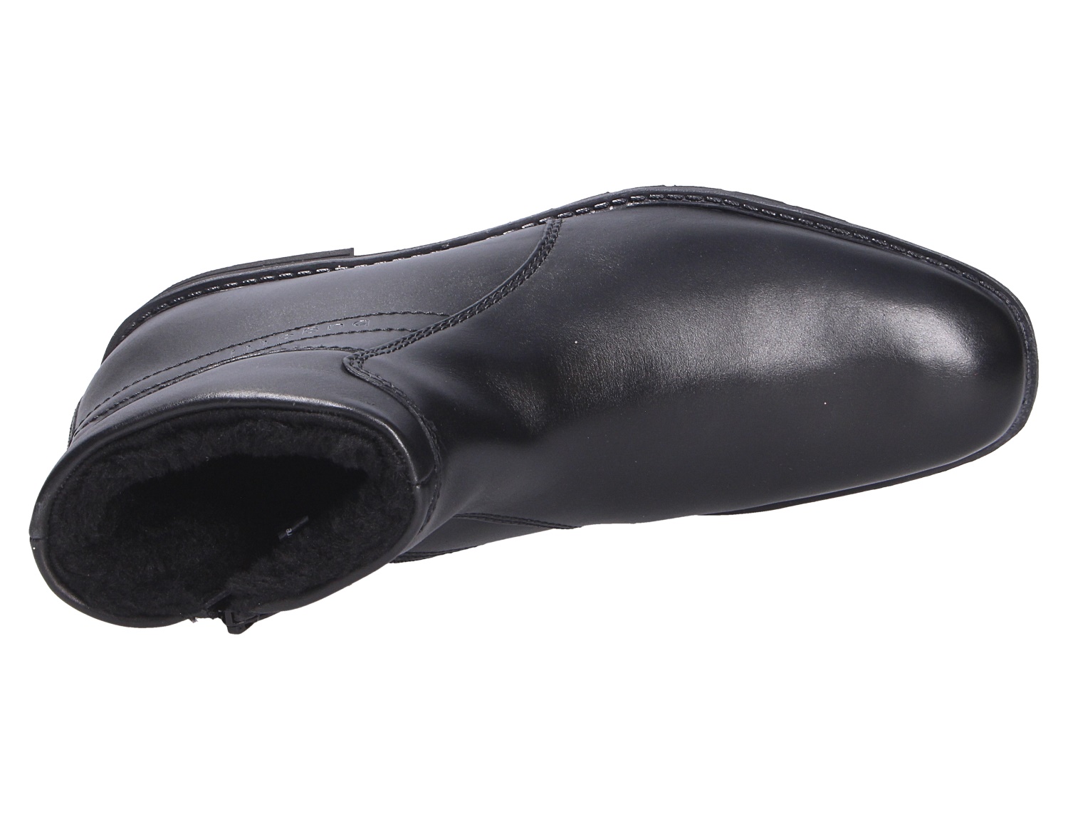 bugatti Herren Stiefel in Schwarz, seitliche Ansicht von oben, elegante Form mit glatter Leder-Optik und warmem Innenfutter