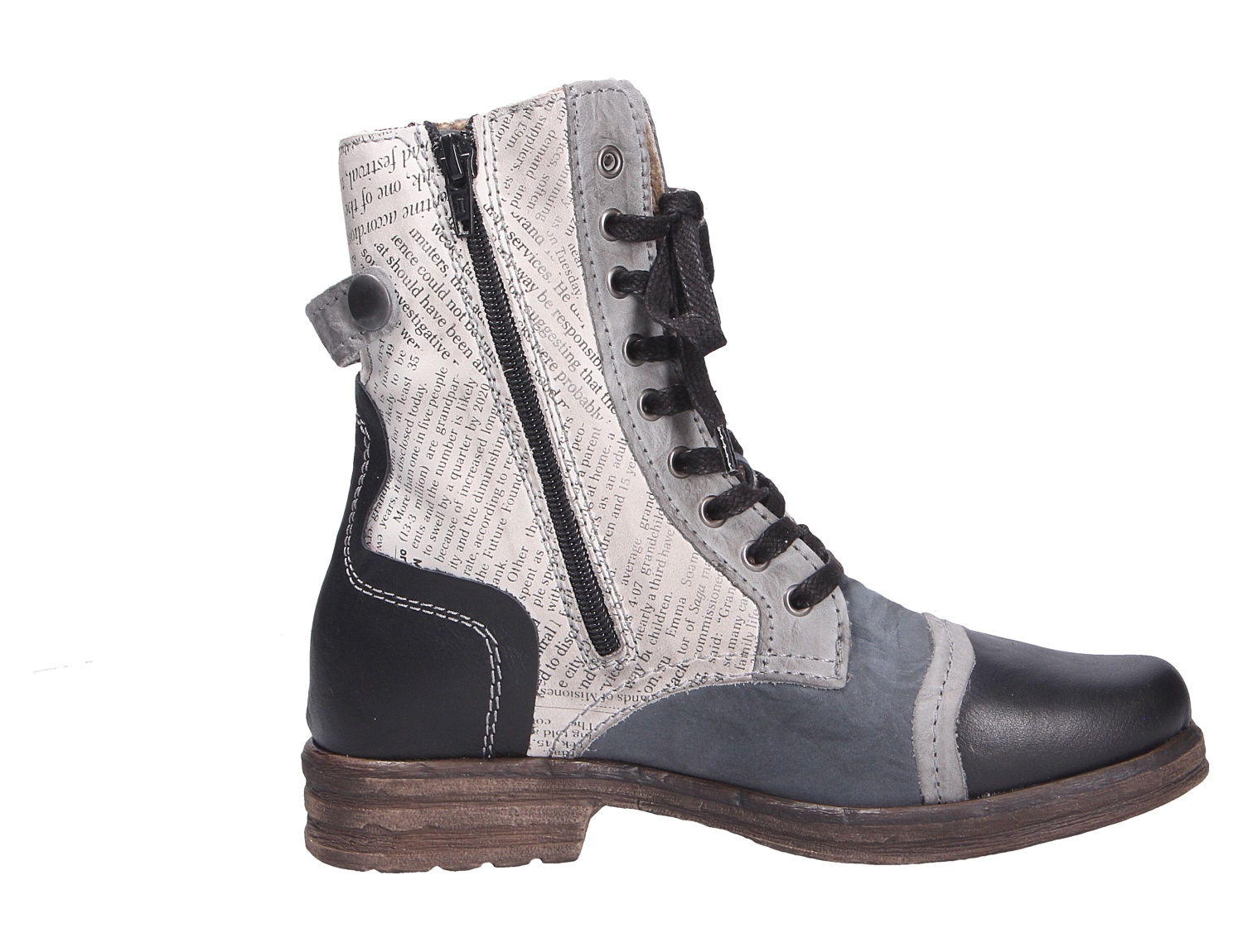 Charme Etnic 26 Damen-Stiefelette in Grau und Schwarz, seitlich mit Schnürung, Reißverschluss und auffälligem Zeitungsprint