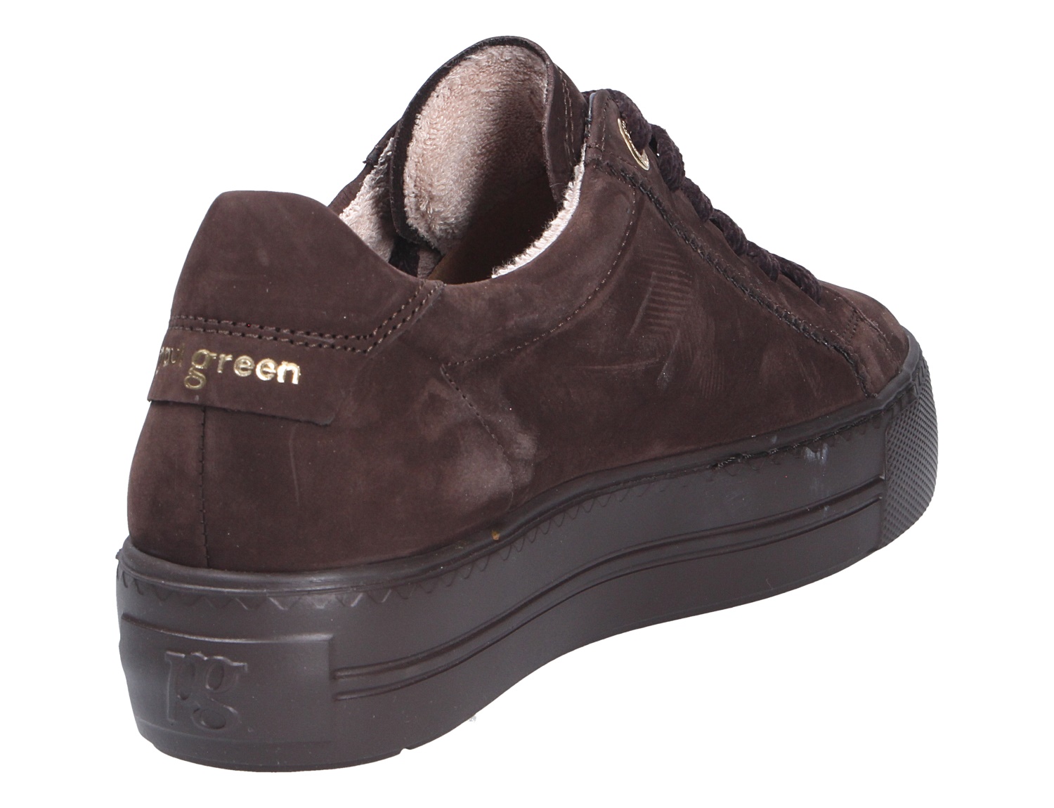 Paul Green Damen Sneaker in Dunkelbraun aus Nubukleder, Rückansicht mit schwarzer Plateausohle und goldfarbenem Logo an der Ferse