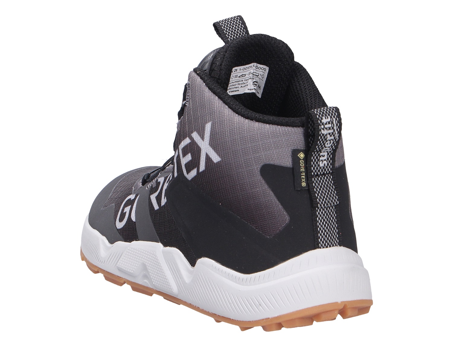 Rückansicht des Superfit AGOS Kinderstiefels in Grau und Schwarz mit GORE-TEX, hoher Schaftform, Zuglaschen und profilierter Sohle