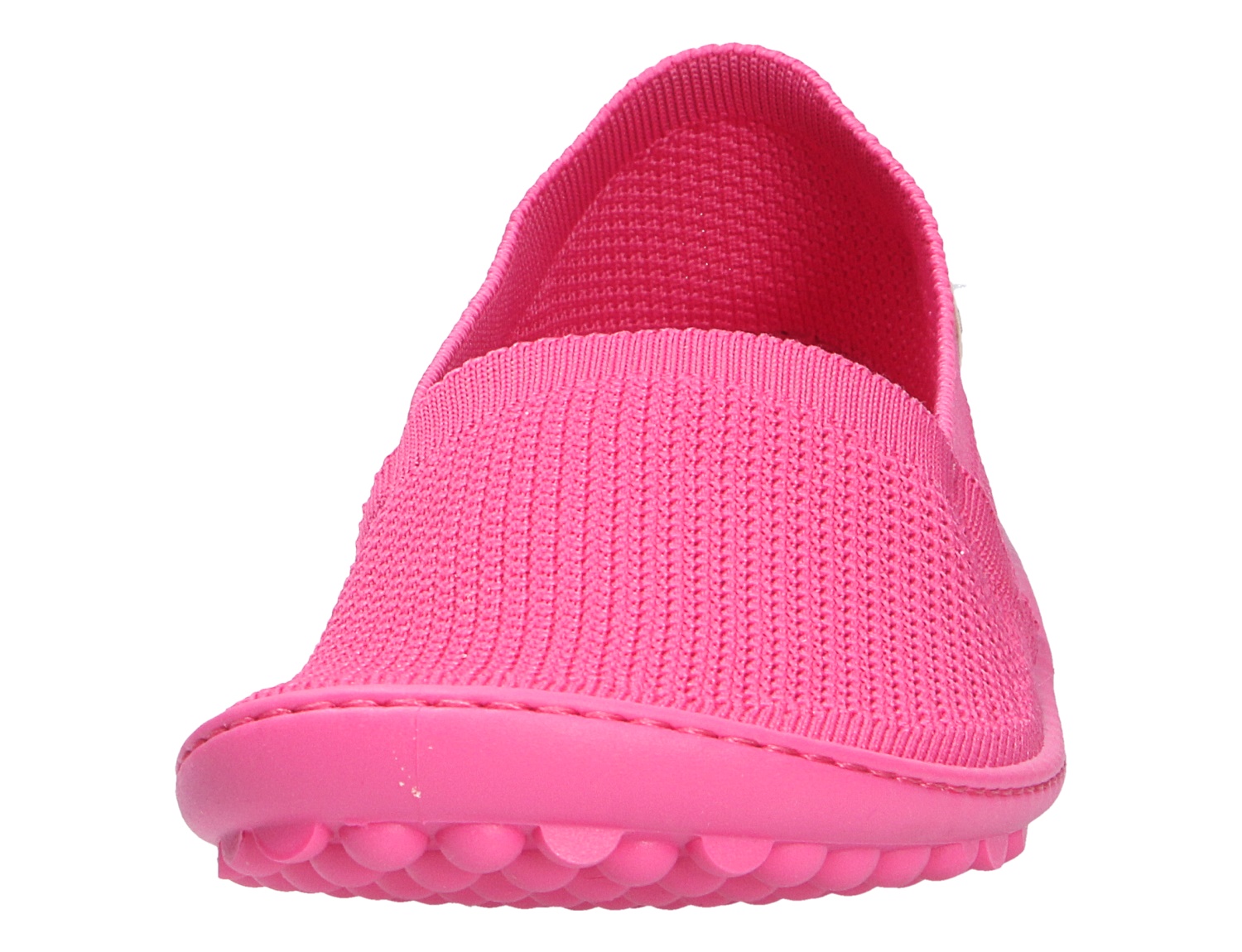 Frontansicht des Leguano Flair Barfußschuhs in Pink mit flexiblem Strickobermaterial und typischer Leguano-Sohle