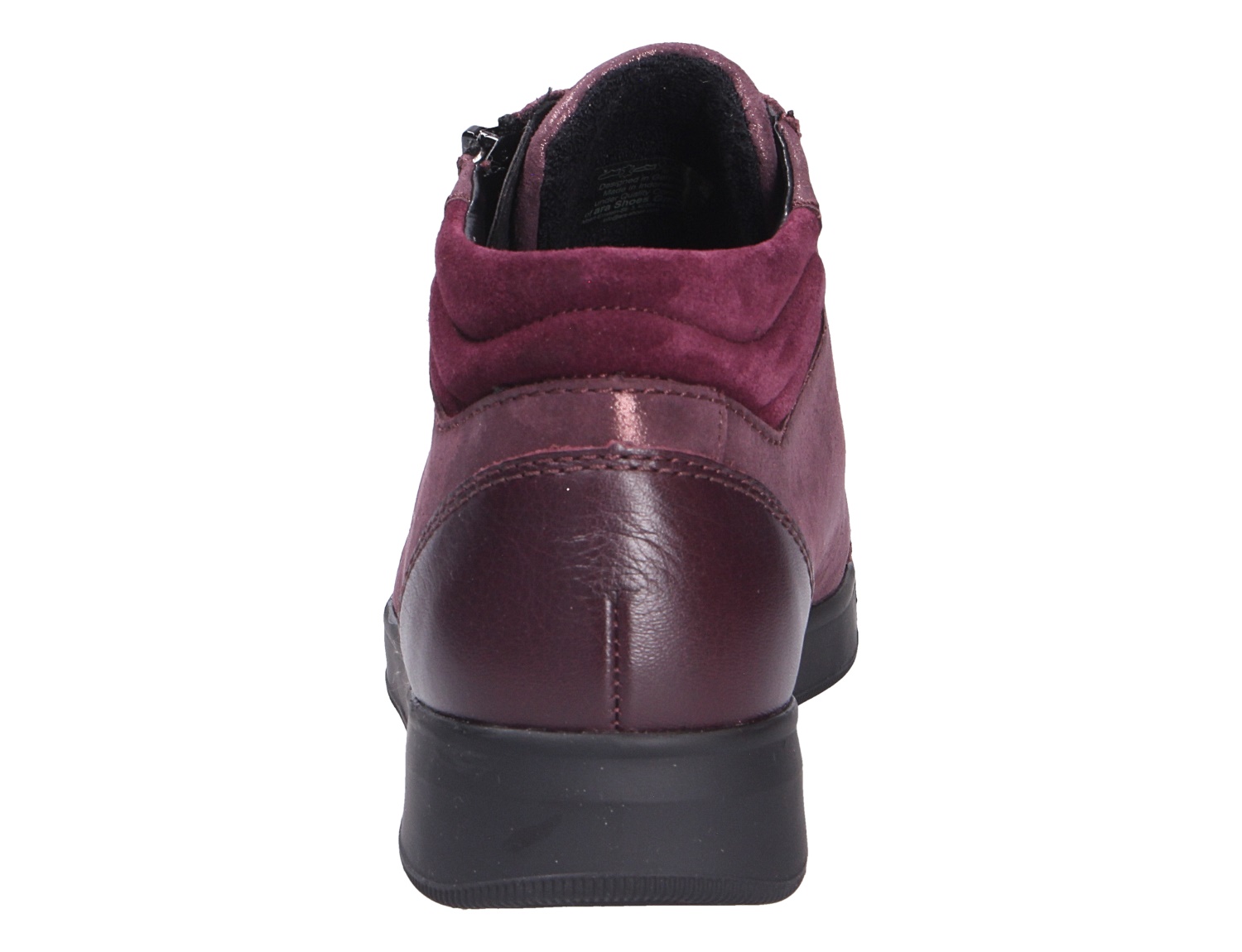 Rückansicht des Ara ROM Damen-Sneakers in Bordeaux mit schwarzer Sohle, Reißverschluss und Materialmix aus Leder und Veloursleder