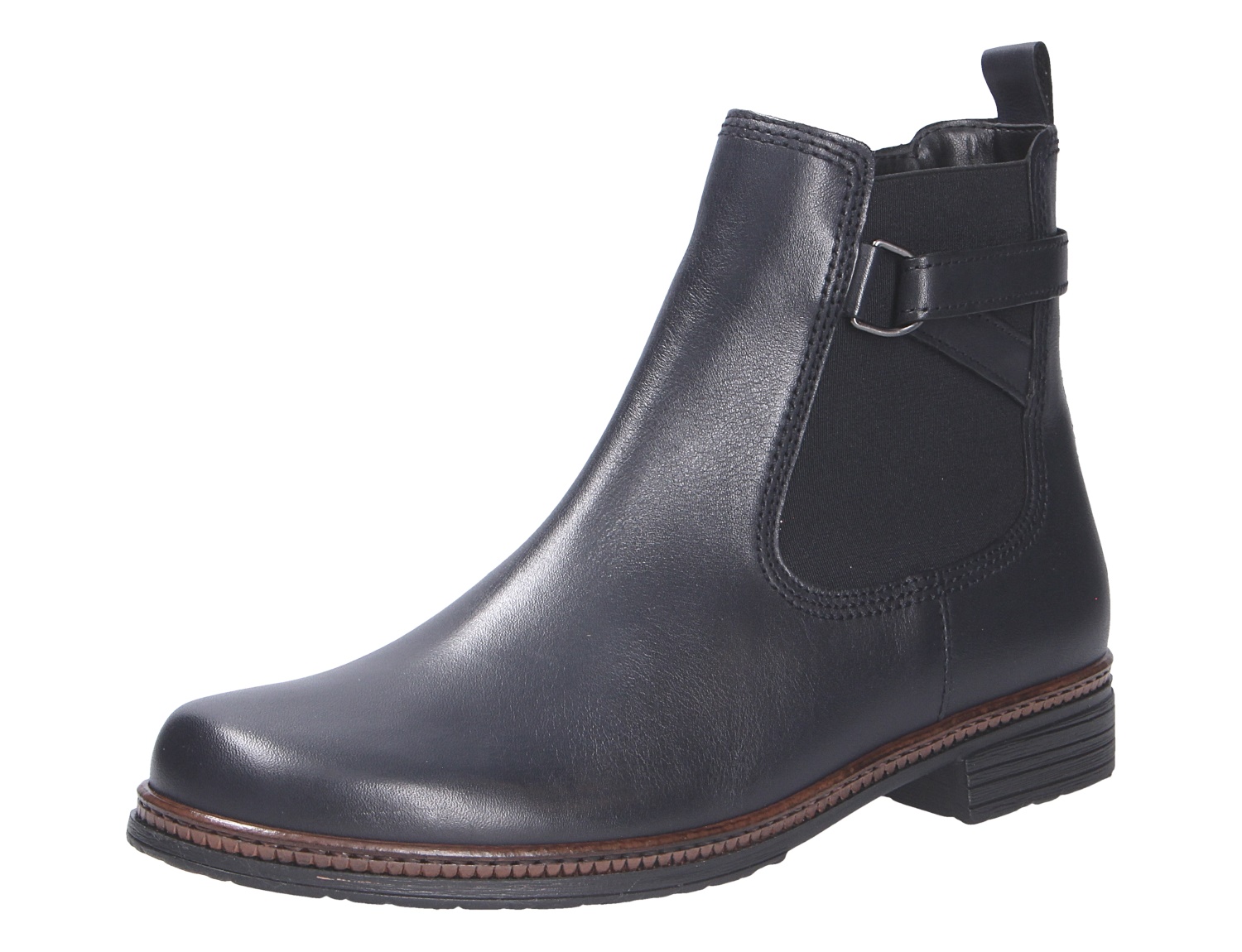 Gabor Damen Stiefel in Schwarz, eleganter Chelsea-Boot aus Glattleder mit seitlichem Stretch-Einsatz, Zierschnalle und niedrigem Blockabsatz