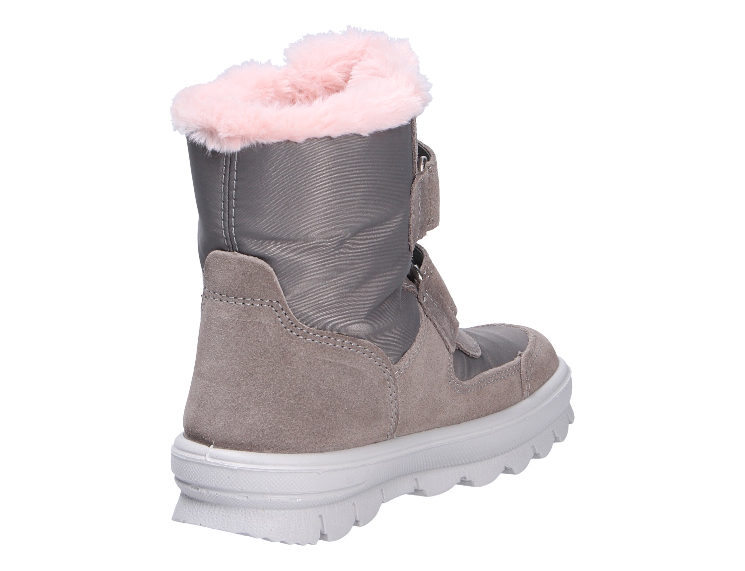 Superfit FLAVIA Winterstiefel für Kinder in Grau, Rück- und Seitenansicht mit rosa Kunstfellfutter, Veloursleder, Textilschaft, Klettverschluss und profilierter Sohle