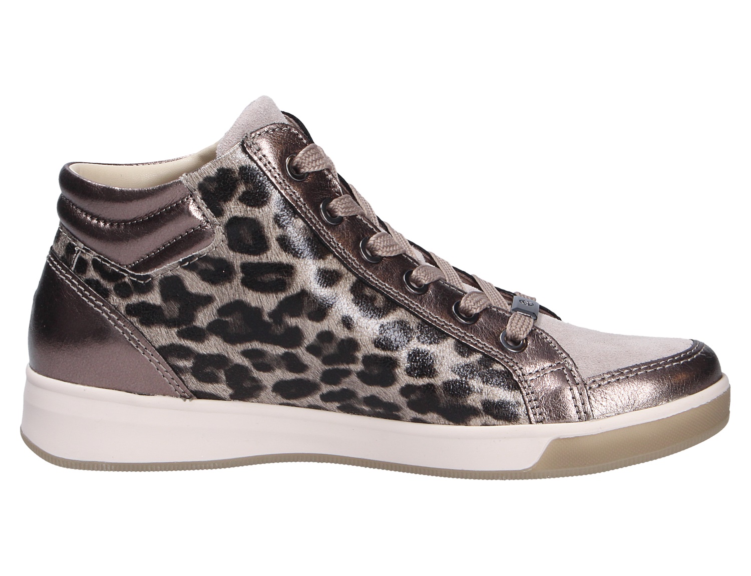 Ara ROM Damen-Sneaker in Metallic-Bronze mit Leo-Muster und heller Sohle, seitliche Produktansicht