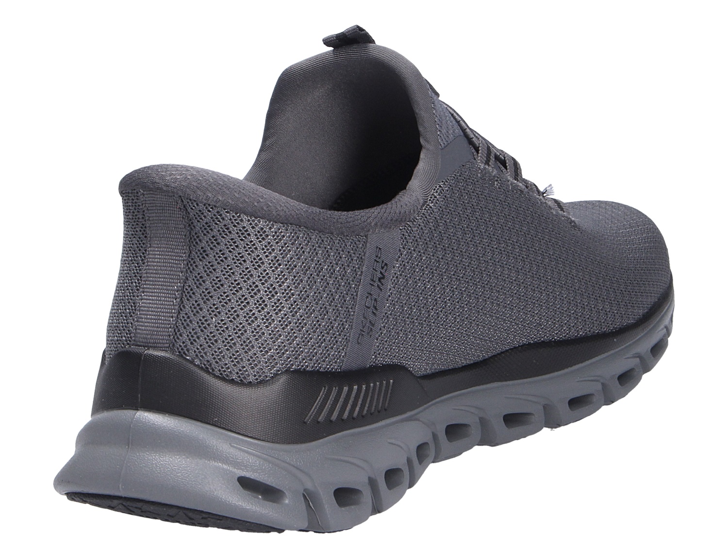 Skechers Glide Step Noxus in Grau, sportlicher Herren-Sneaker mit atmungsaktivem Mesh und komfortabler Glide-Step-Sohle in seitlicher Rückansicht