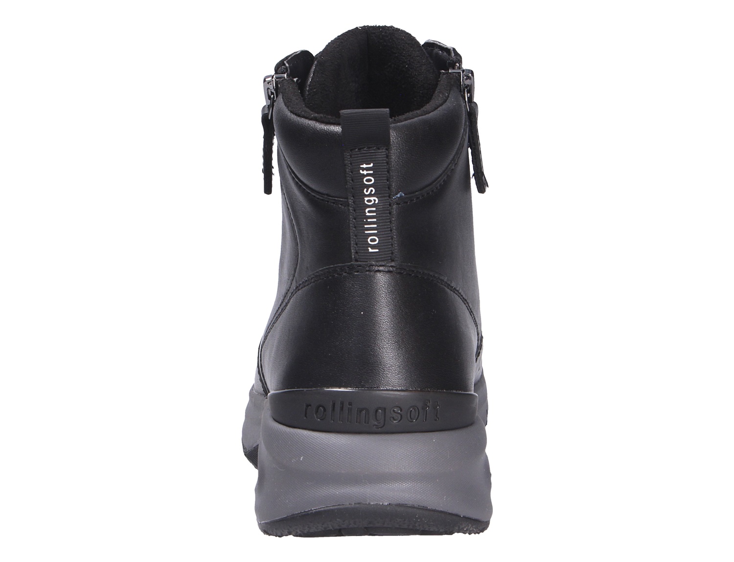 Rückansicht der schwarzen Gabor Damen Stiefel mit seitlichen Reißverschlüssen, gepolstertem Schaft und robuster Keilsohle