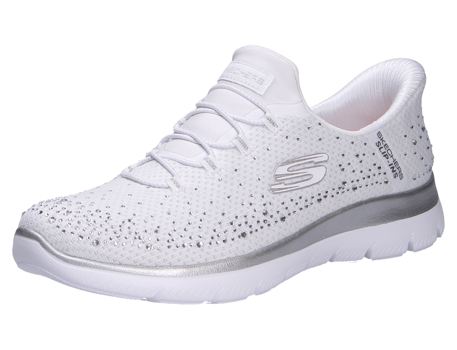 Skechers Summits Slip-Ins Sneaker in Weiß, sportlicher Damen-Slipper mit Glitzersteinen und komfortabler Laufsohle
