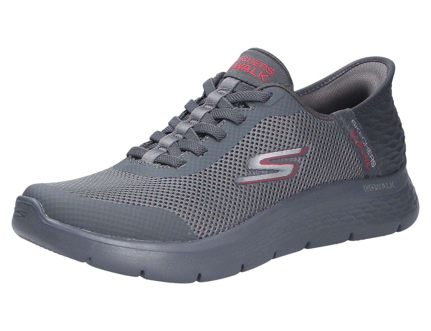 Skechers Go Walk grauer Sneaker mit Schnürung, atmungsaktivem Mesh-Obermaterial und leichter, flexibler Sohle in Seitenansicht