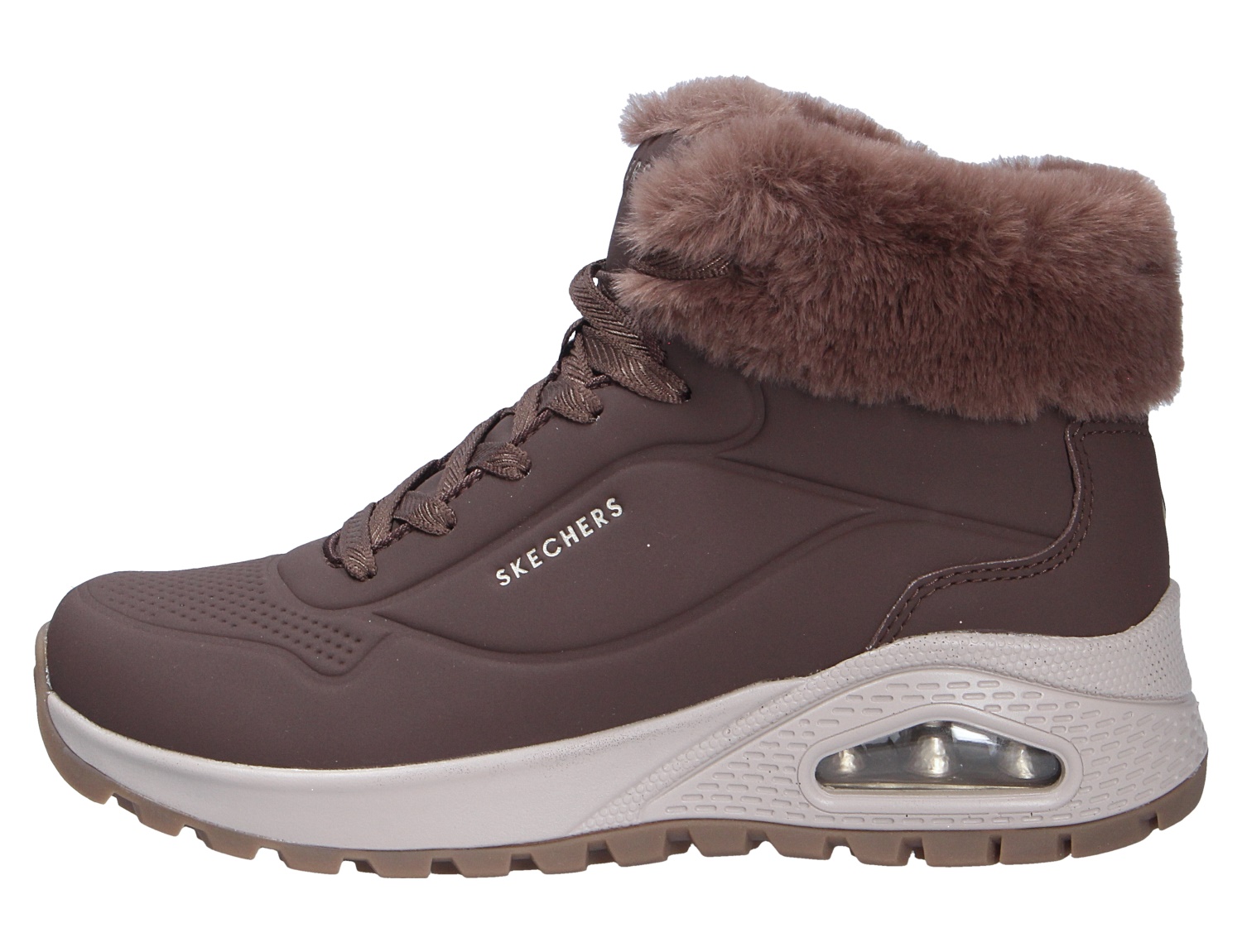 Skechers Uno Rugged brauner Damen Winter-Sneaker mit hohem Schaft, Kunstfellkragen und profilierter Sohle in Seitenansicht