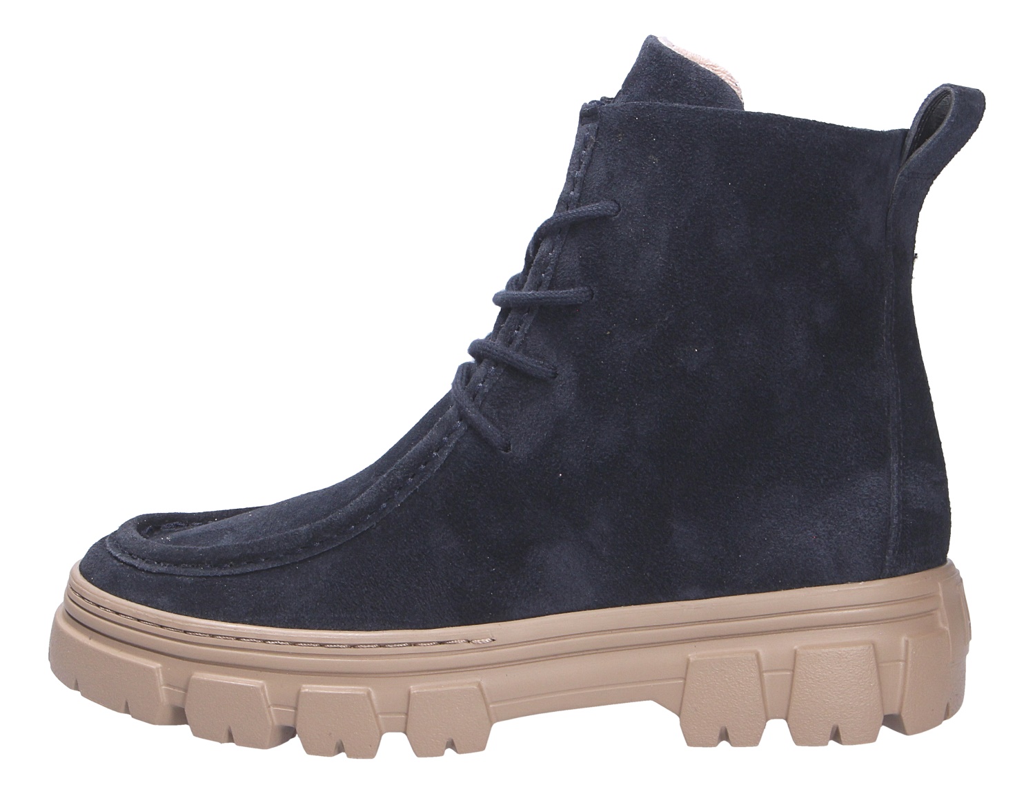 Paul Green Damen Schnürschuhe aus dunkelblauem Veloursleder, knöchelhoch mit Schnürung und heller, kräftiger Profilsohle