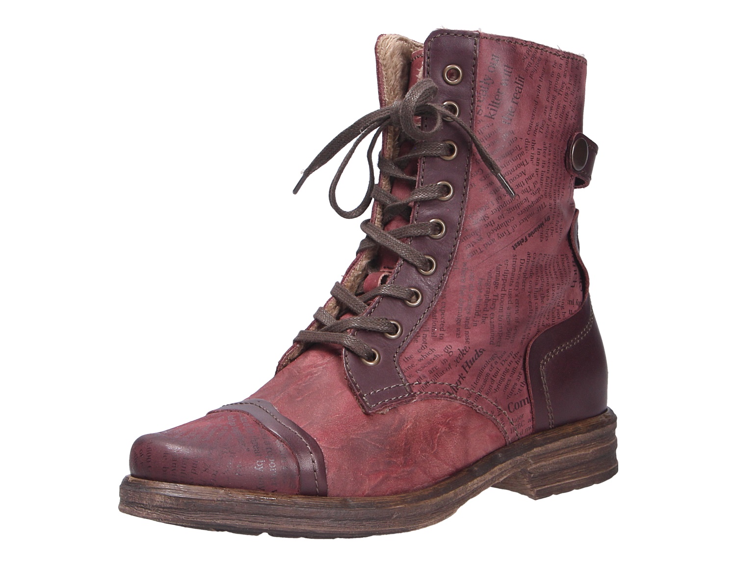 Charme Etnic 26 Damen-Schnürstiefelette in Bordeaux, knöchelhoch mit Vintage-Print, Schnürung und seitlichem Druckknopf