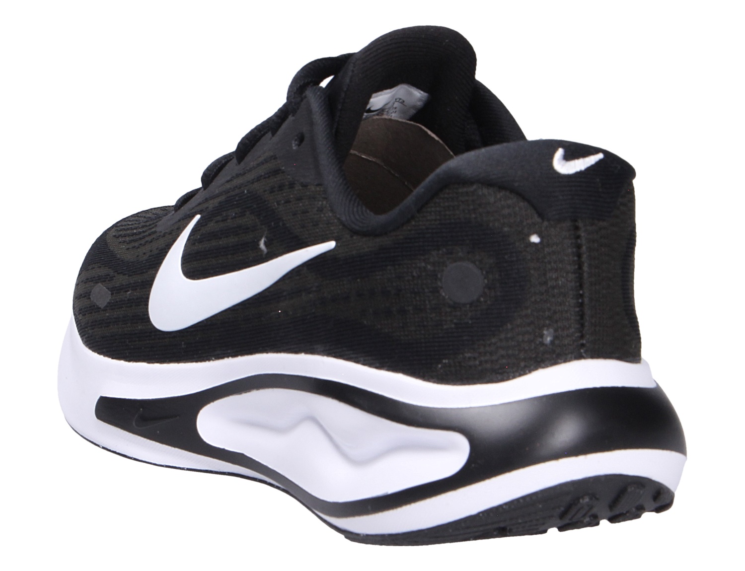 Nike Journey Women's Road Damen-Sneaker von Nike in Schwarz mit weißem Swoosh, Rück- und Seitenansicht, sportlicher Alltags- und Freizeitschuh