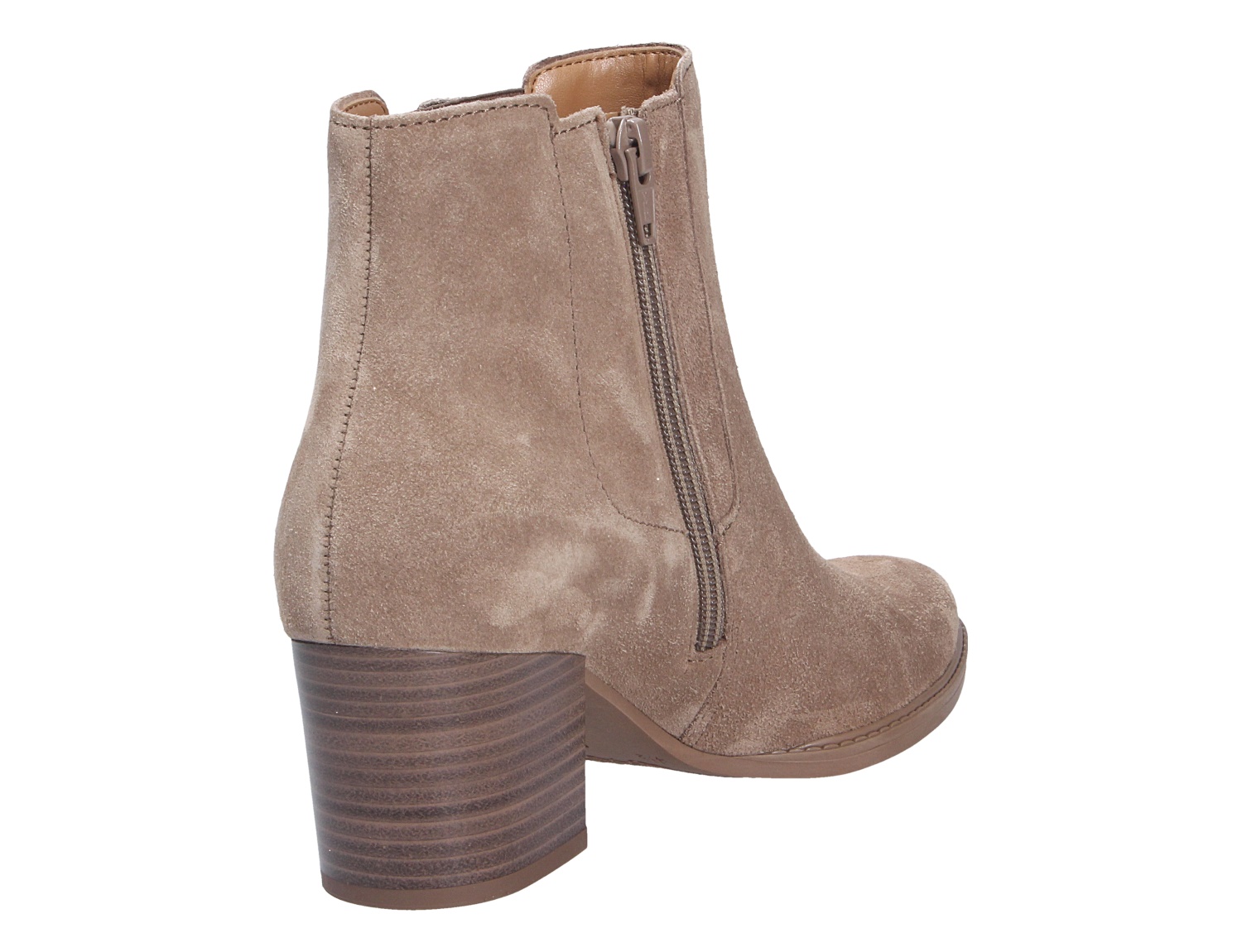 Gabor Damen Stiefel in Taupe aus Veloursleder, seitliche Ansicht mit Reißverschluss und hohem Blockabsatz