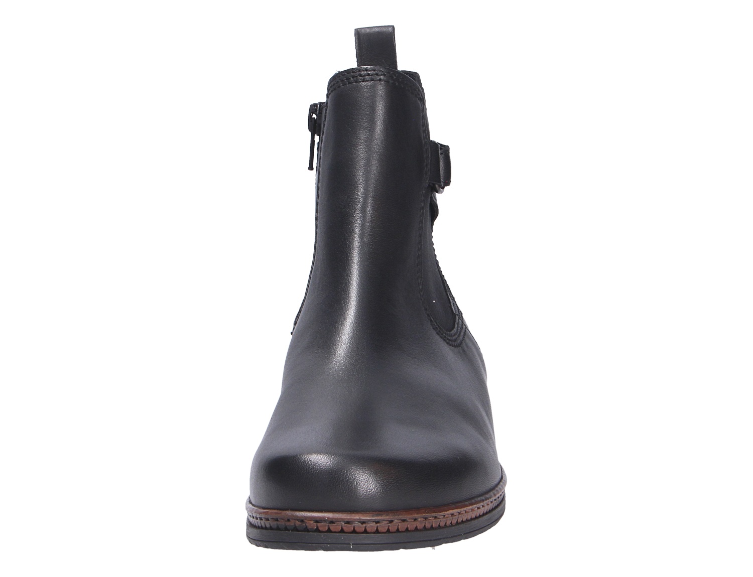 Gabor Damen Stiefel in Schwarz aus Glattleder, Frontansicht mit Reißverschluss und elastischen Einsätzen