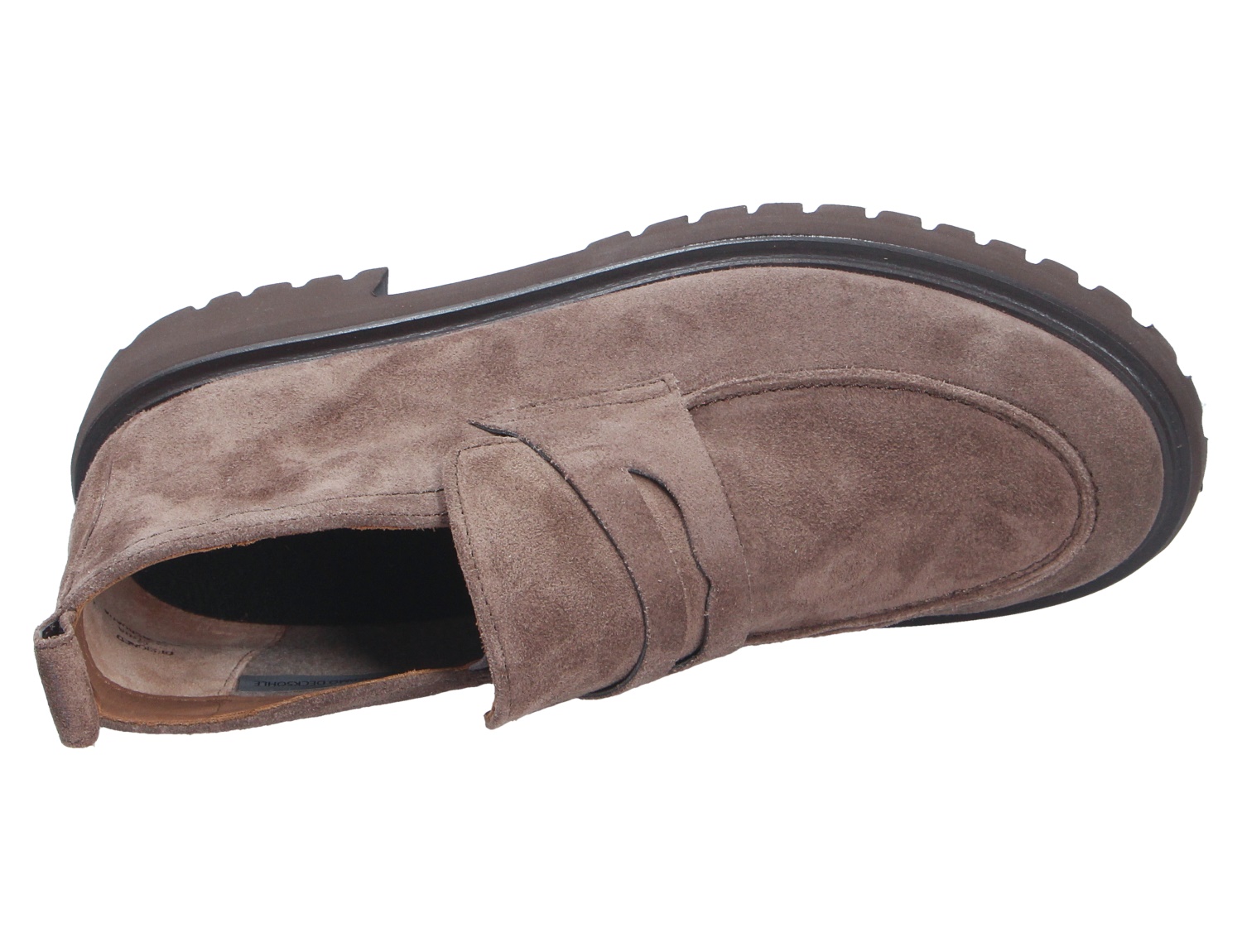 Paul Green Damen Slipper aus taupefarbenem Veloursleder mit markanter Profilsohle und klassischer Penny-Loafer-Optik
