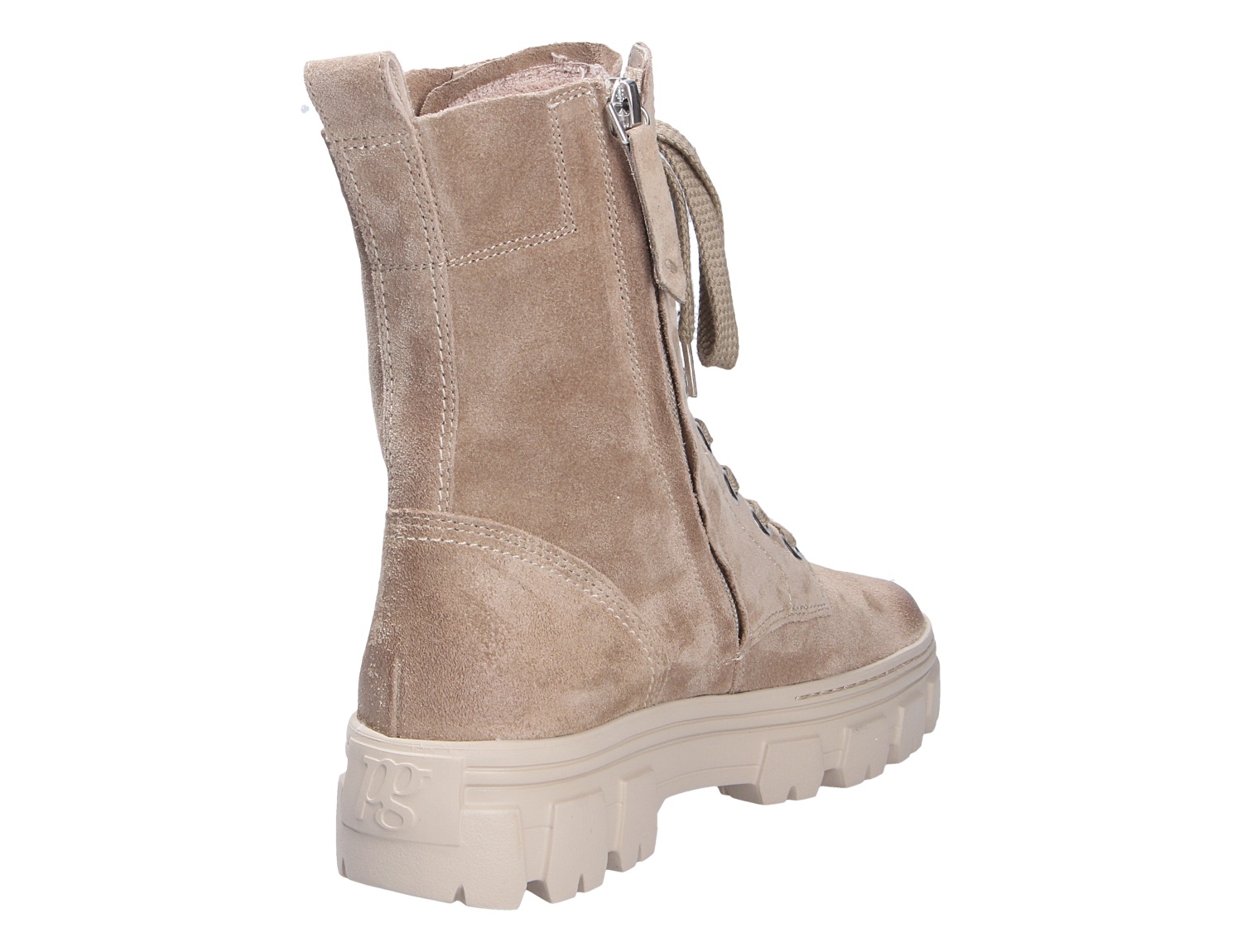 Rückansicht der Paul Green Damen Stiefel in Beige aus Veloursleder mit seitlichem Reißverschluss, Schnürung und markanter Profilsohle
