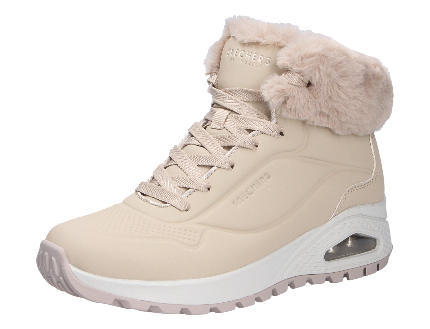 Skechers Uno Rugged Damen-Sneaker-Boot in Beige mit Kunstfellkragen, Schnürung und robuster Profilsohle