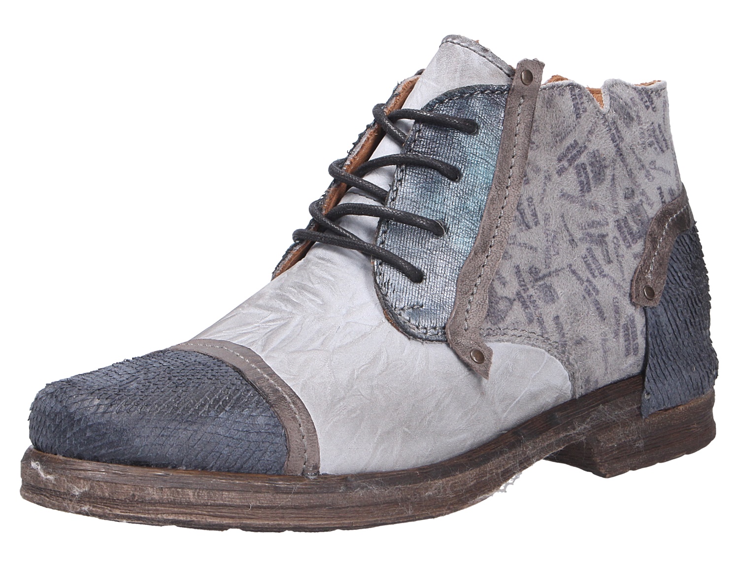 Charme ETNIC Damen-Stiefelette in Grau, knöchelhoch mit Schnürung, strukturierter Kappe und gemusterten Einsätzen im Used-Look