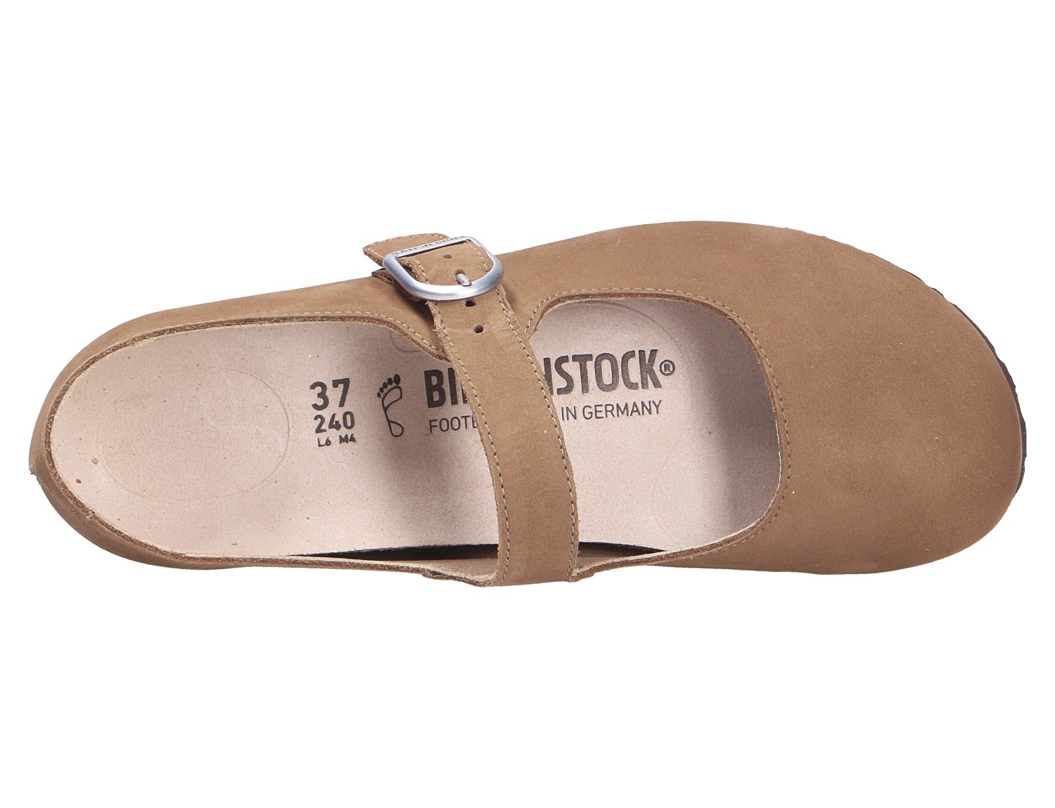 Birkenstock Santa Clarita Clog in Beige aus Veloursleder mit verstellbarer Schnalle und anatomischem Fußbett, Ansicht von oben