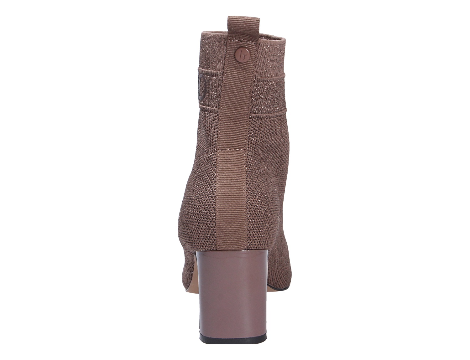Rückansicht der La Strada Damen Stiefel in Braun mit elastischem Strickmaterial, Zuglasche und hohem Blockabsatz