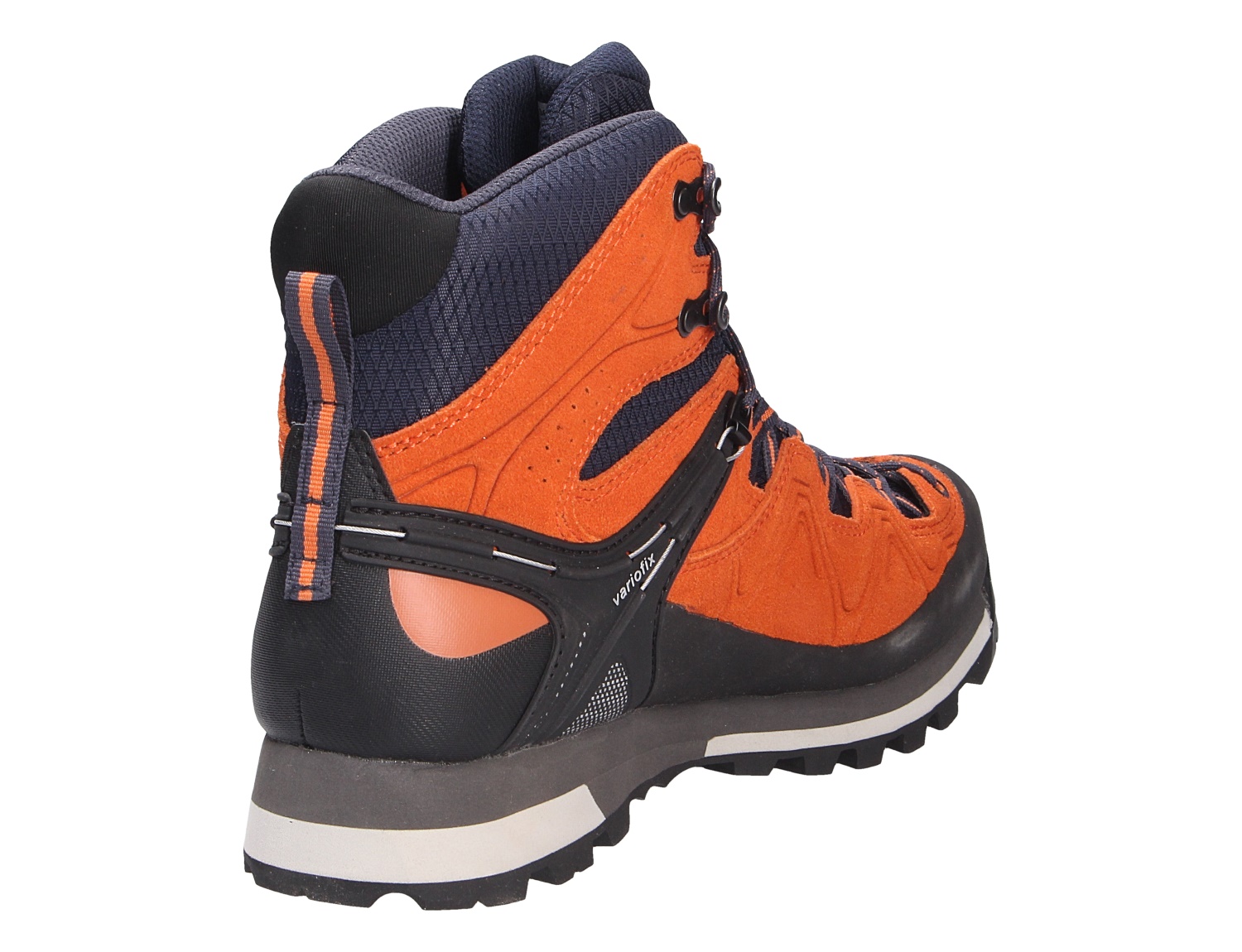 Meindl Tonale Herren-Trekkingstiefel in Orange und Dunkelblau, robuste Rück- und Seitenansicht für anspruchsvolle Touren mit sicherem Halt und hohem Tragekomfort