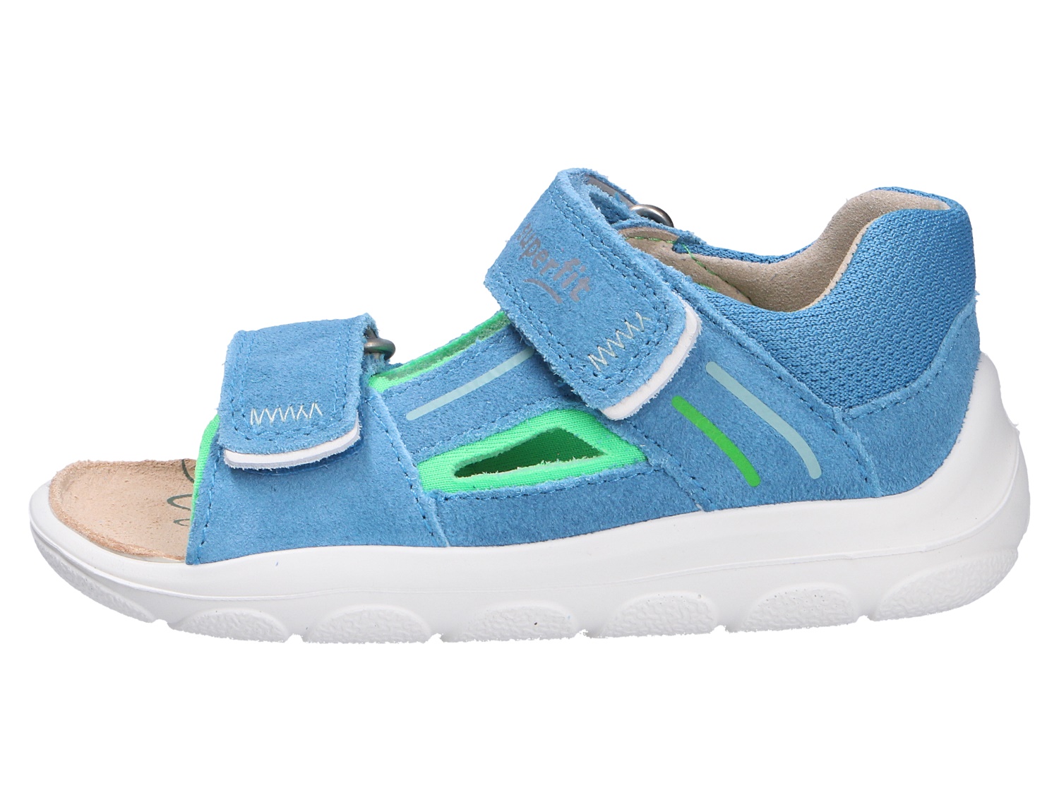 Superfit NINO Kinder-Sandale aus Veloursleder in Blau mit zwei Klettverschlüssen, offenen Seiten und leichter weißer Laufsohle