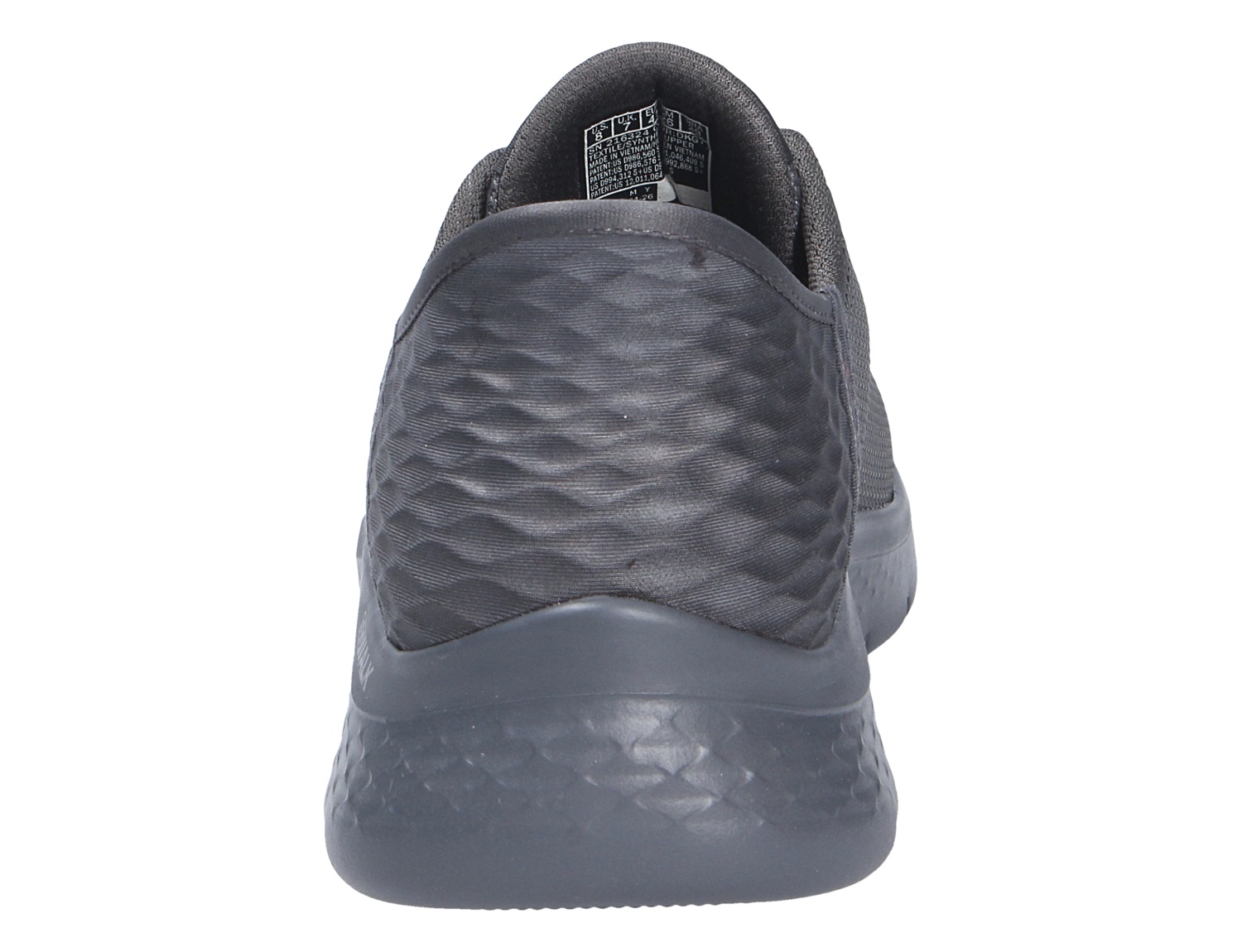 Rückansicht des schwarzen Skechers Go Walk Sneakers mit gepolstertem Einstieg und strukturierter Sohle