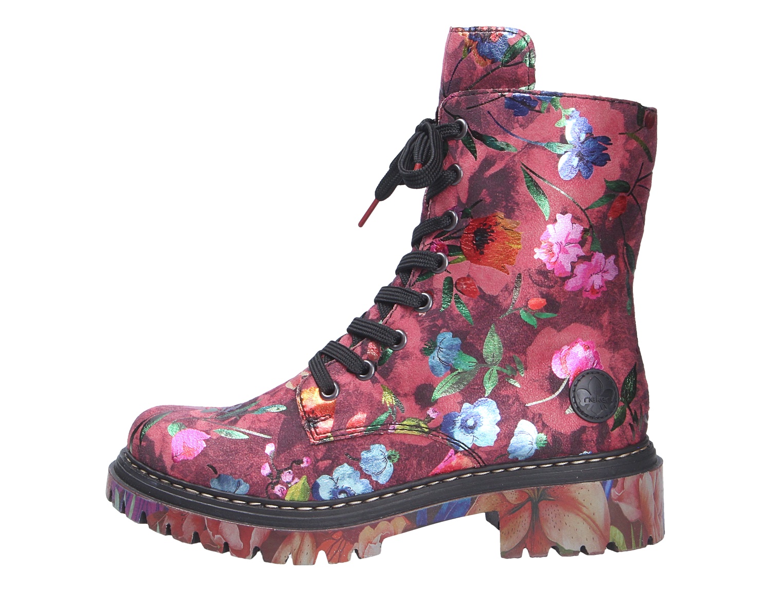 Rieker Damen Stiefel in Bordeaux mit floralem Print, schwarzer Schnürung und markanter Profilsohle in seitlicher Ansicht