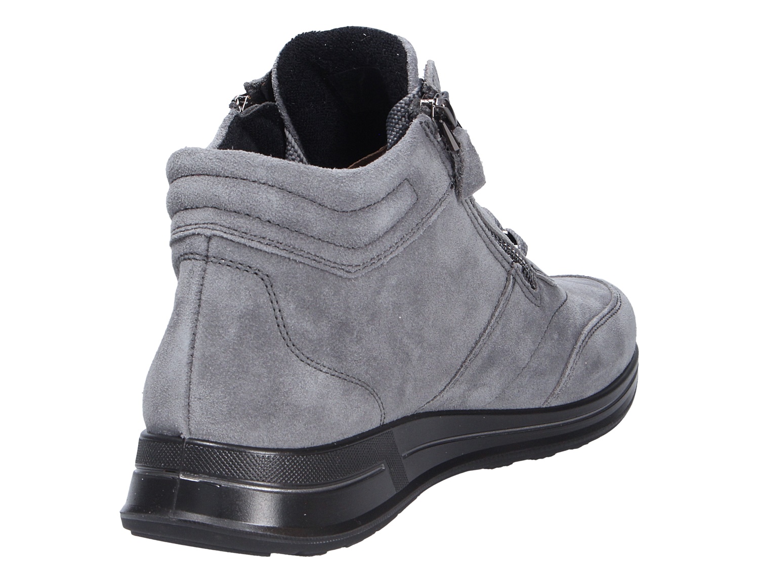 Ara OSAKA grauer Damen Sneaker-Boot aus Veloursleder in Rückansicht mit seitlichem Reißverschluss und schwarzer Sohle