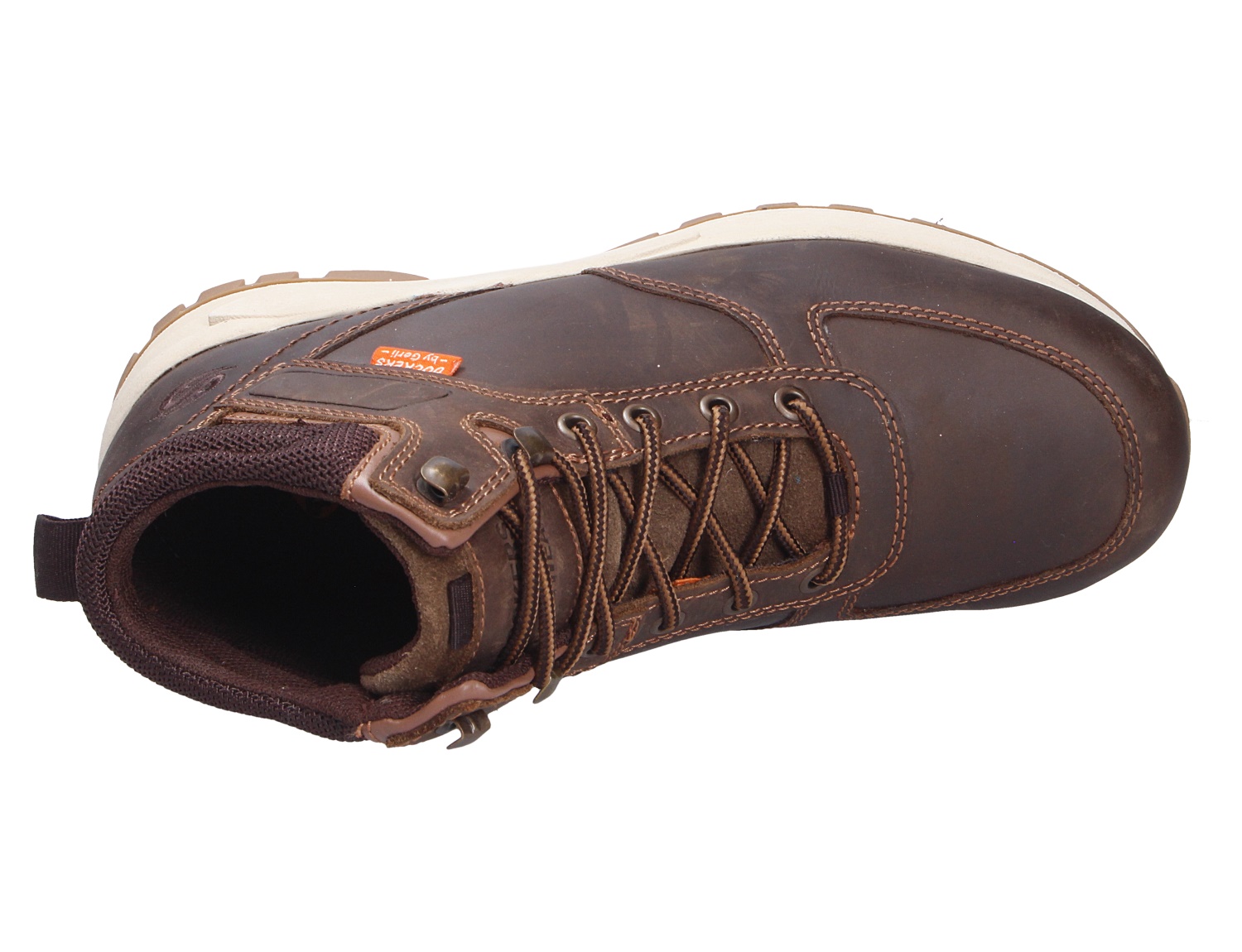Brauner Dockers Herren Stiefel mit Schnürung, gepolstertem Schaft und heller Profilsohle in seitlicher Ansicht