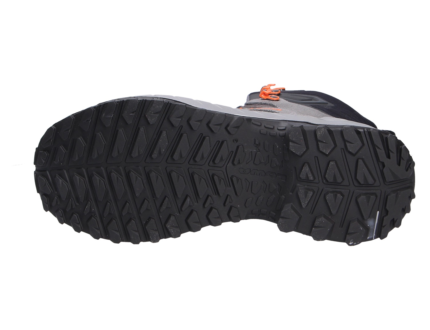 Unteransicht der griffigen Profilsohle des Lowa INNOVO GTX MID, Herren-Trekkingstiefel aus Veloursleder mit GTX-Wetterschutz für stabile Traktion auf Wanderwegen