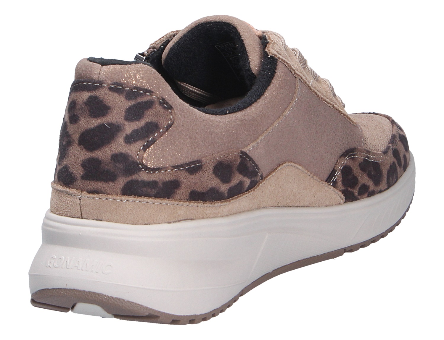 Rückansicht des Waldläufer H-Macie Sneakers in Taupe mit Leo-Print und weißer Gummisohle