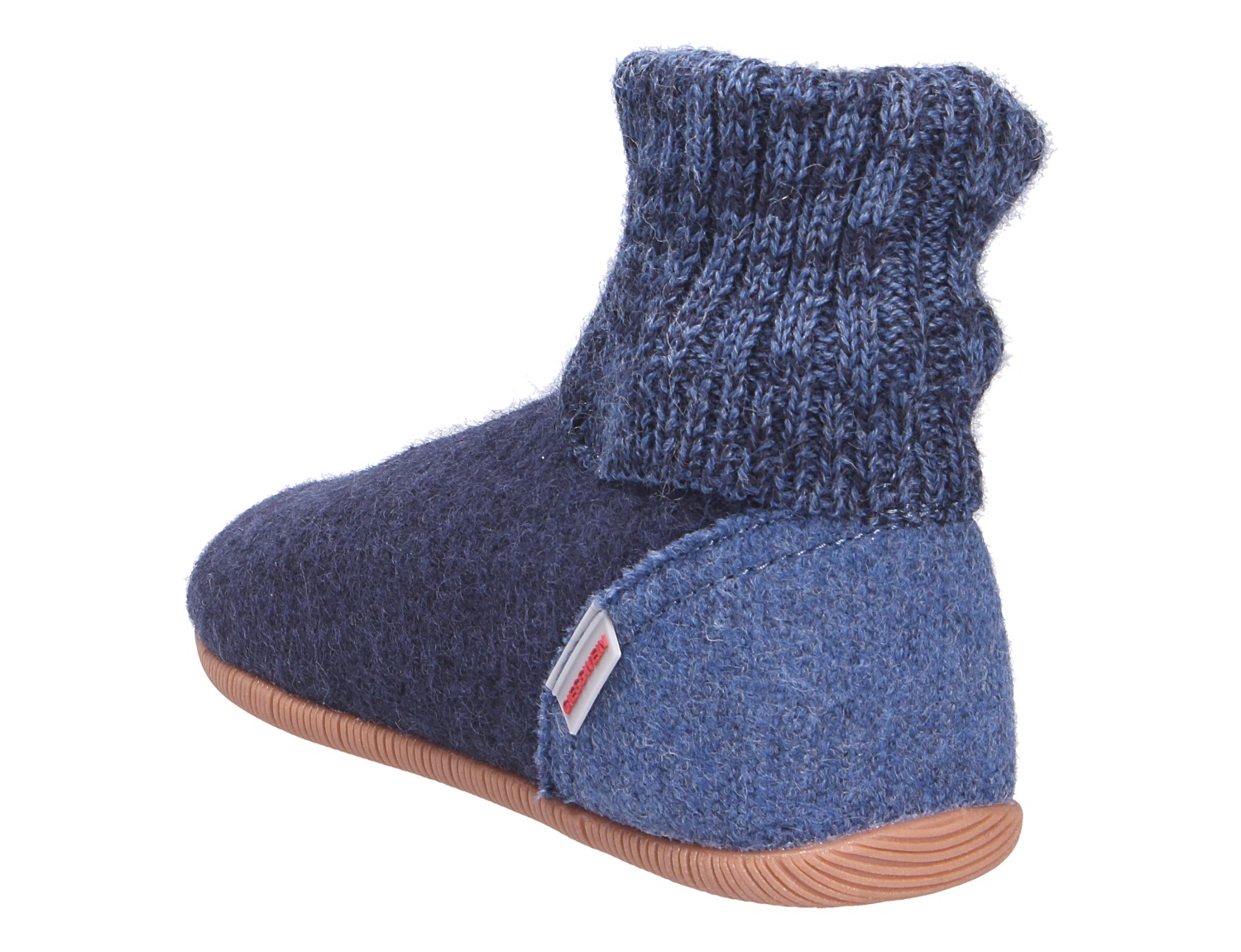 Giesswein WILDPOLDSRIED blauer Hausschuh aus Wollfilz mit hohem Strickschaft und rutschfester Sohle, Seitenansicht