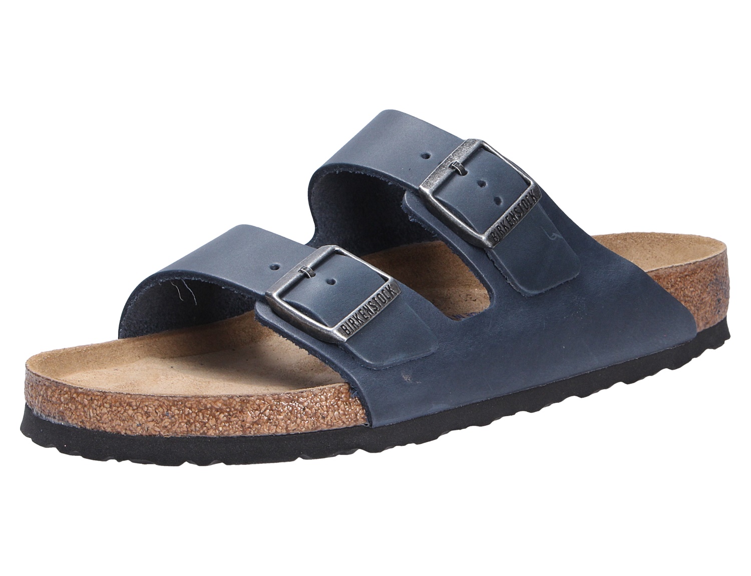 Birkenstock Arizona SFB Pantolette in Dunkelblau mit zwei verstellbaren Riemen, Weichbettung und Kork-Latex-Fußbett aus robustem Fett-Nubukleder