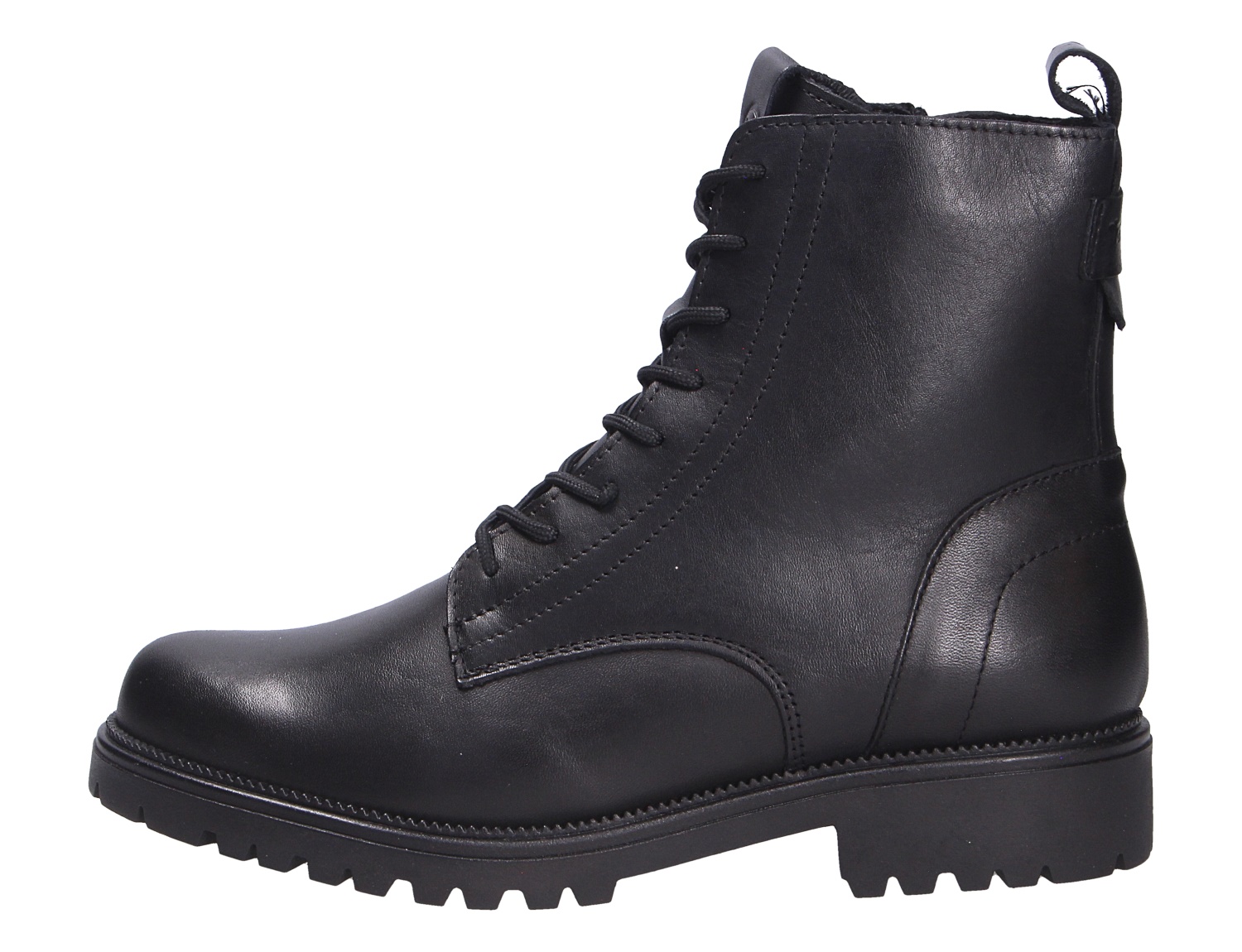 Tamaris Damen Stiefel in Schwarz aus glattem Material, knöchelhoch mit Schnürung, Zuglasche und markanter Profilsohle in seitlicher Ansicht