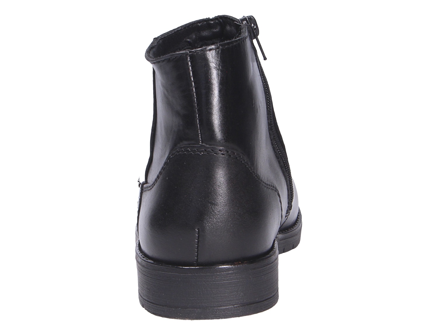 Rieker Herren Stiefel schwarz aus Glattlederoptik, Rückansicht mit seitlichem Reißverschluss und flacher Sohle