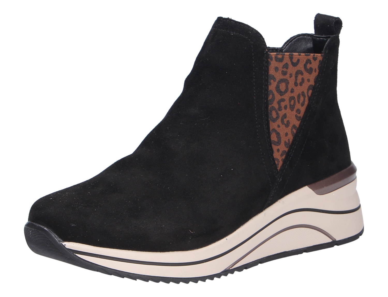 Remonte Damen Stiefel aus schwarzem Veloursleder mit heller Keilsohle und seitlichem Leo-Elastic-Einsatz