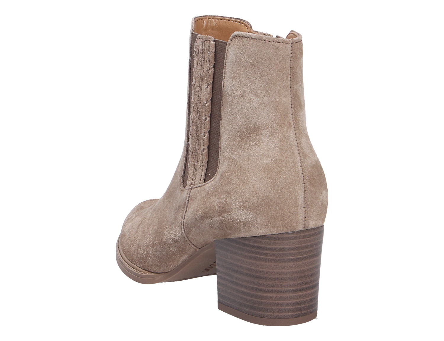 Gabor Damen Stiefel in Taupe aus Veloursleder, seitliche Rückansicht mit elastischem Einsatz und Blockabsatz