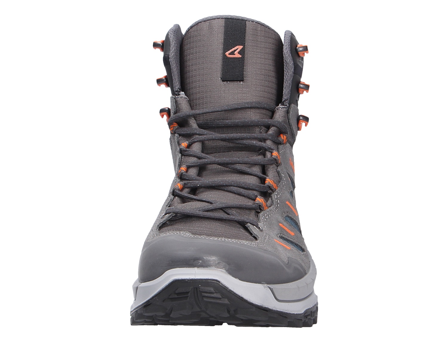 Frontansicht des Lowa INNOVO GTX MID, Herren-Trekkingstiefel aus Veloursleder in Grau mit orangefarbenen Details, wasserdicht und komfortabel für Trekking und Wanderungen