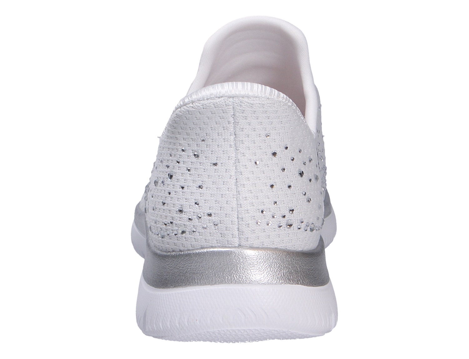 Rückansicht des weißen Skechers Summits Sneakers mit glitzernden Strassdetails und silbernem Fersenakzent