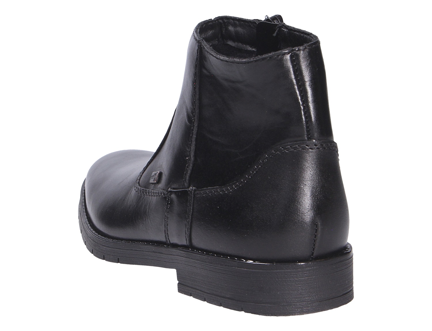 Rieker Herren Stiefel in Schwarz mit glattem Obermaterial und robuster Sohle, gezeigt in schräger Rückansicht