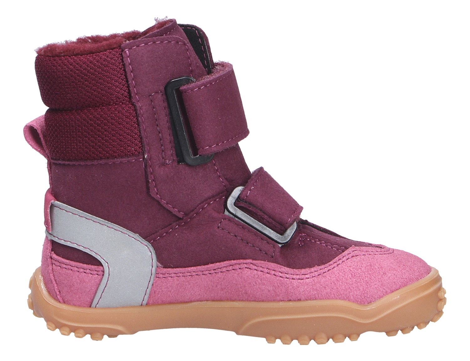 Ricosta Mädchen Stiefel in Beere und Rosa, gefütterter Kinderstiefel aus Veloursleder mit Klettverschluss, Profilsohle und Reflektordetail