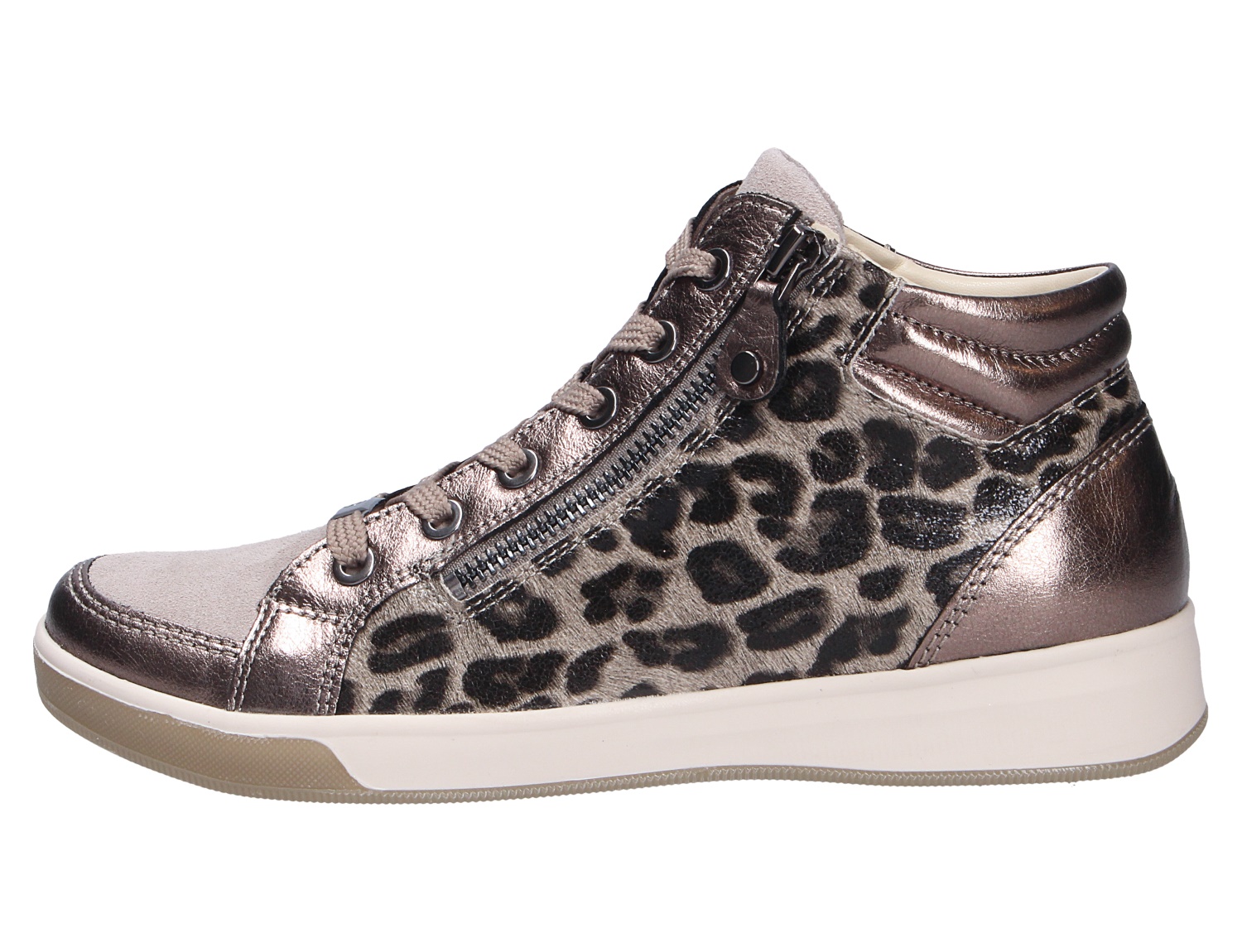 Ara ROM Damen-Sneaker, knöchelhoch in Metallic-Optik mit Leo-Muster, Schnürung, seitlichem Reißverschluss und heller Sohle