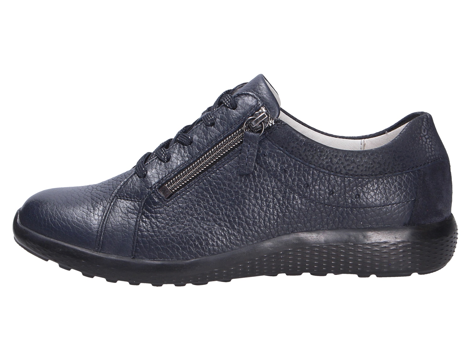 Seitenansicht des Waldläufer K-Ira Damen-Sneakers in Navy aus genarbtem Leder mit Schnürung, seitlichem Reißverschluss und schwarzer Komfortsohle