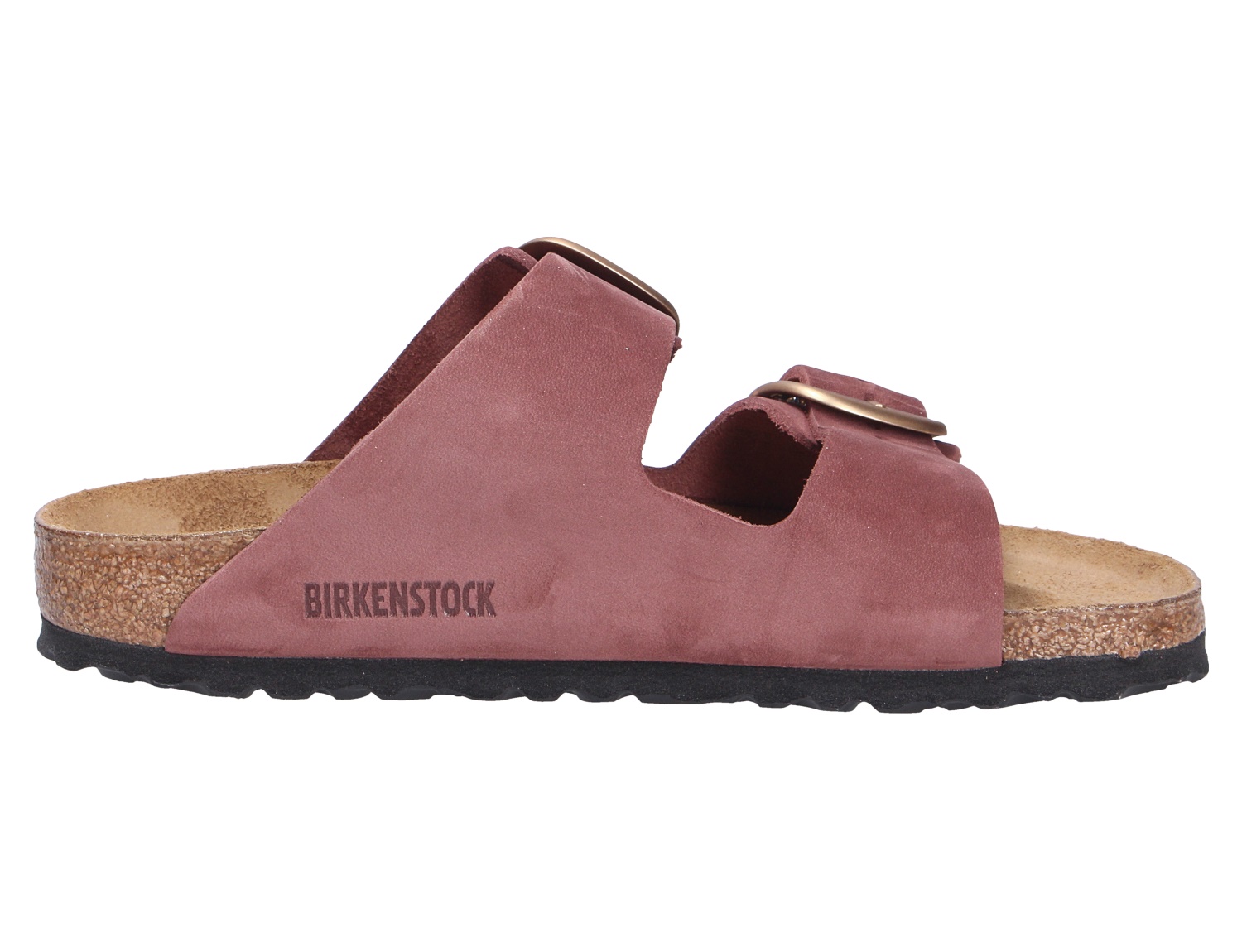 Seitenansicht der Birkenstock Arizona Big Buckle Pantolette in Altrosa mit zwei breiten Riemen, großen Schnallen und Kork-Latex-Sohle