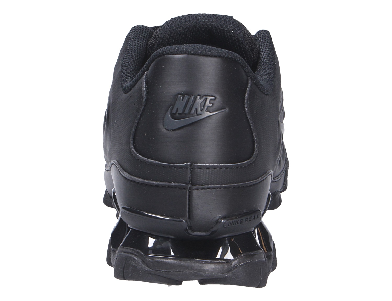 Rückansicht des schwarzen Nike Reax 8 NSW Sneakers mit Nike Logo an der Ferse und markanter Reax-Dämpfung für komfortablen Alltagsstyle
